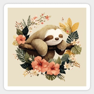 Sleepy Sloth in a Tropical Wreath - Slow Living Folk Art Magnet
